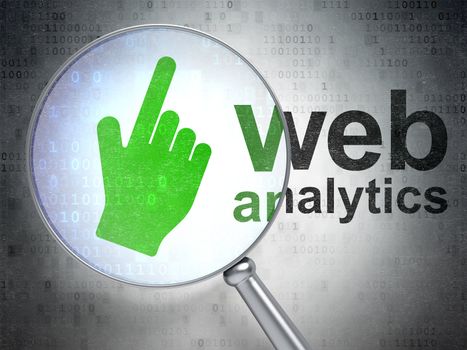 Magnifying optical glass with Mouse Cursor icon and Web Analytics word on digital background, 3d render
