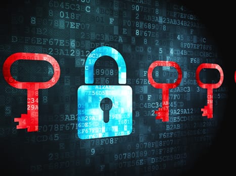 Privacy concept: pixelated Padlock And Key icon on digital background, 3d render