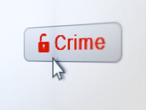 Protection concept: pixelated words Crime and Opened Padlock icon on button whis cursor on digital computer screen background, 3d render
