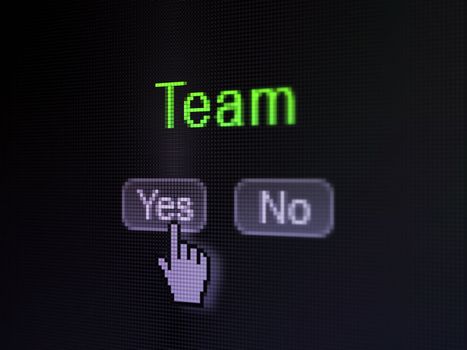 Business concept: buttons yes and no with pixelated word Team and Hand cursor on digital computer screen, selected focus 3d render