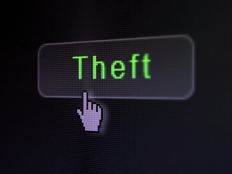Protection concept: pixelated words Theft on button whis Hand cursor on digital computer screen background, selected focus 3d render