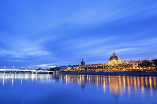 View of Rhone river in Lyon at night, France