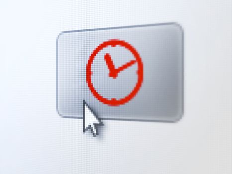 Time concept: pixelated Clock on button with Arrow cursor on digital computer screen, selected focus 3d render