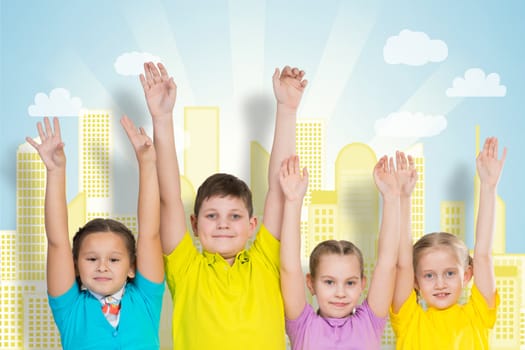 children stand in a row and hands up