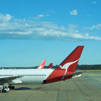 Flight of the Quantas Airbus Melbourne to Sydney then Perth in Australia. Airport Plane