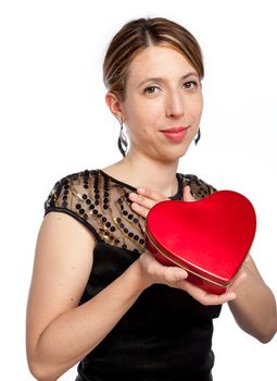 Attractive caucasion girl wearing an evening gown in her 30s shot in studio isolated on a white background