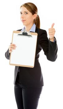 Attractive caucasion business woman in her 30s shot in studio isolated on a white background