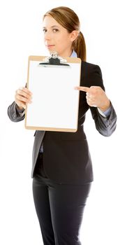 Attractive caucasion business woman in her 30s shot in studio isolated on a white background