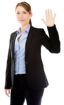 Attractive caucasion business woman in her 30s shot in studio isolated on a white background