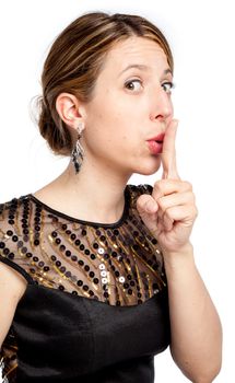 Attractive caucasion girl wearing an evening gown in her 30s shot in studio isolated on a white background