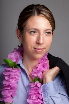 Attractive caucasion business woman in her 30s shot in studio isolated on a white background in her 30s shot in studio isolated on a grey background