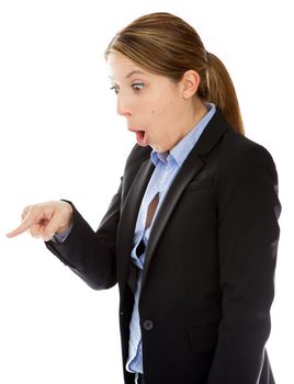 Attractive caucasion business woman in her 30s shot in studio isolated on a white background