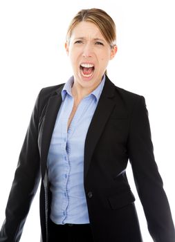 Attractive caucasion business woman in her 30s shot in studio isolated on a white background