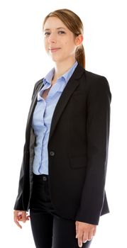 Attractive caucasion business woman in her 30s shot in studio isolated on a white background