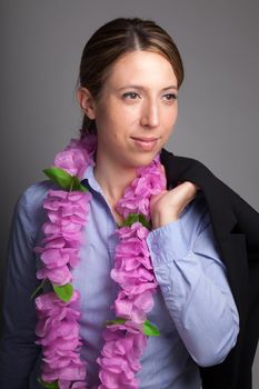 Attractive caucasion business woman in her 30s shot in studio isolated on a white background in her 30s shot in studio isolated on a grey background