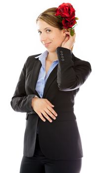 Attractive caucasion business woman in her 30s shot in studio isolated on a white background