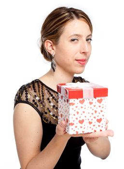 Attractive caucasion girl wearing an evening gown in her 30s shot in studio isolated on a white background