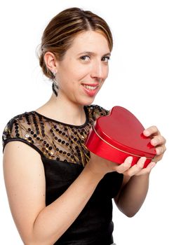 Attractive caucasion girl wearing an evening gown in her 30s shot in studio isolated on a white background