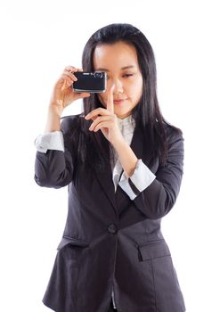 Attractive asian girl in her 30s shot in studio isolated on a white background