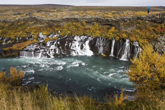 Hraunfossar Waterfalls and the Hvita River in Husafell in Iceland (Model Released)