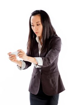 Attractive asian girl in her 30s shot in studio isolated on a white background