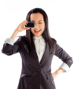 Attractive asian girl in her 30s shot in studio isolated on a white background