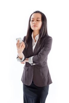 Attractive asian girl in her 30s shot in studio isolated on a white background