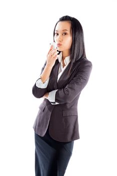 Attractive asian girl in her 30s shot in studio isolated on a white background