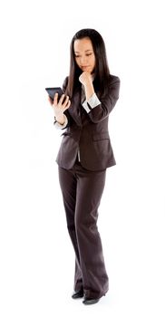 Attractive asian girl in her 30s shot in studio isolated on a white background