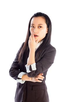 Attractive asian girl in her 30s shot in studio isolated on a white background