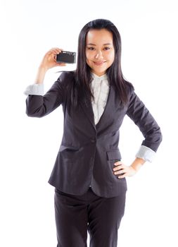 Attractive asian girl in her 30s shot in studio isolated on a white background