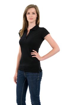 Young beautiful female posing with a blank black polo shirt. Ready for your design or artwork.
