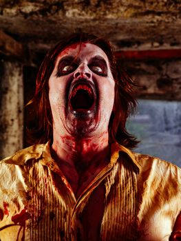 Photo of a bloodied zombie with its mouth open wide ready to bite.