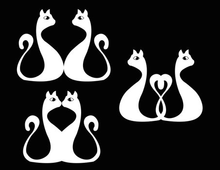 set of white cats on black background