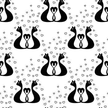 white seamless pattern with love black cats and heart