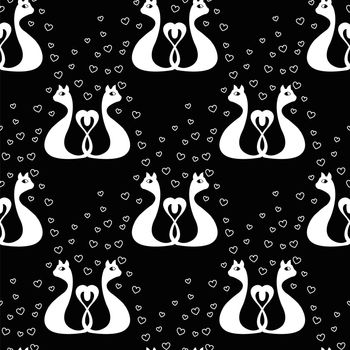 black seamless pattern with love white cats and heart