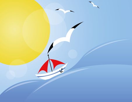   background with yacht on sea, sun and  seagull
