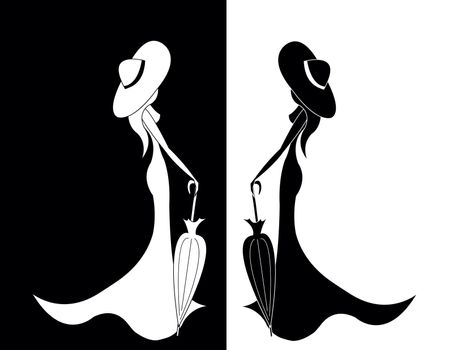 set of women with umbrella