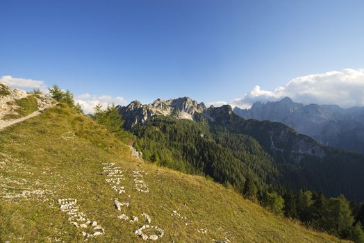 Julian Alps with top Cacciatori viewed from Mount Lussari in Friuli, northern Italy
