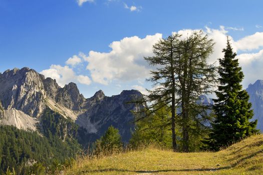 Julian Alps with top Cacciatori viewed from Mount Lussari in Friuli, northern Italy