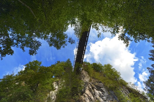 The canyon Slizza (Italy) between a dense forest with blue sky and clouds