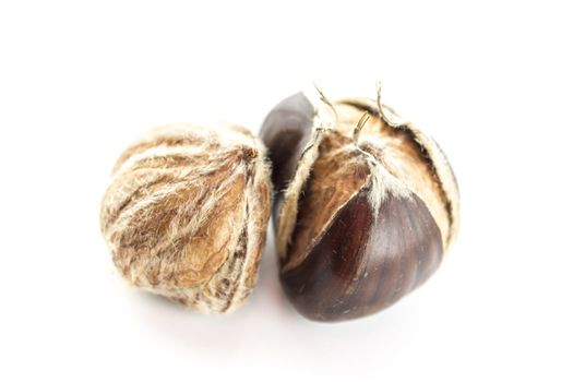 Sweet chestnuts with peels on white background.