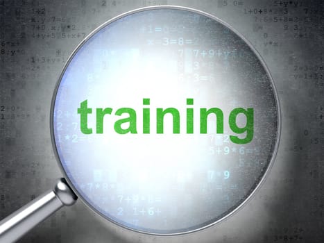 Magnifying optical glass with words Training on digital background, 3d render