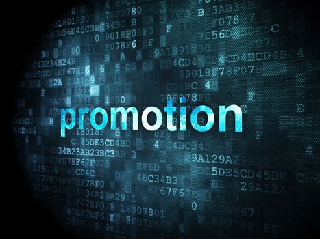 Advertising concept: pixelated words Promotion on digital background, 3d render
