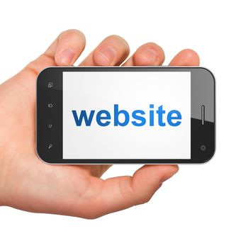 SEO web design concept: hand holding smartphone with word Website on display. Generic mobile smart phone in hand on White background.