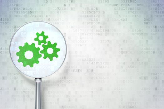 Magnifying optical glass with Gears icon on digital background, empty copyspace for card, text, advertising, 3d render