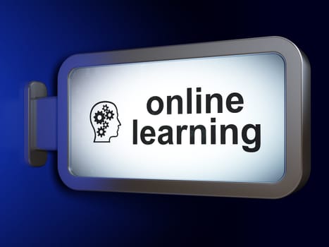 Education concept: Online Learning and Head With Gears on advertising billboard background, 3d render