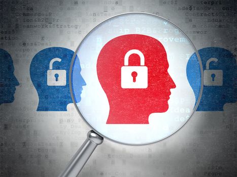 Magnifying optical glass with Head Whis Padlock icons on digital background, 3d render