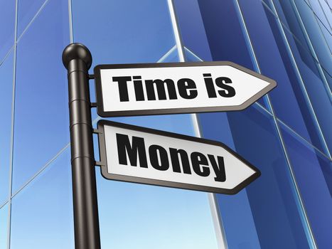 Timeline concept: Time is Money on Building background, 3d render