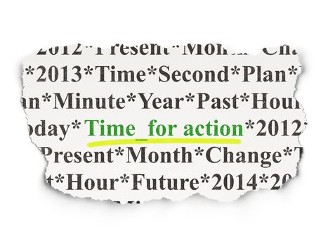 Timeline concept: torn newspaper with words Time for Action on Paper background, 3d render